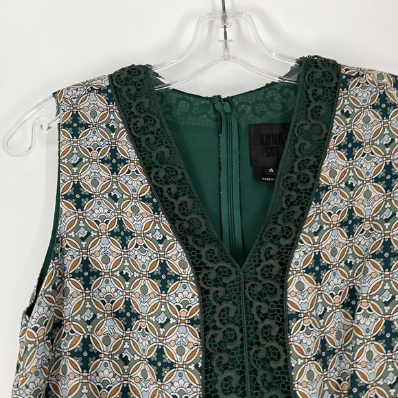 Anna Sui Green White Printed Lace Detail V-Neck Sleeveless Mini Dress 4 Silk - Picture 7 of 10